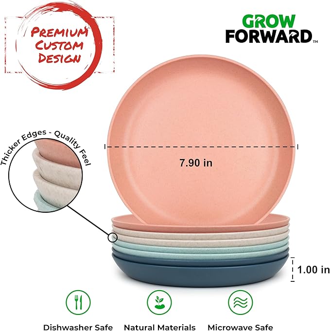 Grow Forward Premium Wheat Straw Plates - 8 Inch Reusable Hard Plastic Dinner Plates Set of 8 - Unbreakable Microwave Safe Plates for Dessert, Camping, RV, Outdoors, Patio, Kitchen Dishes - Tropical