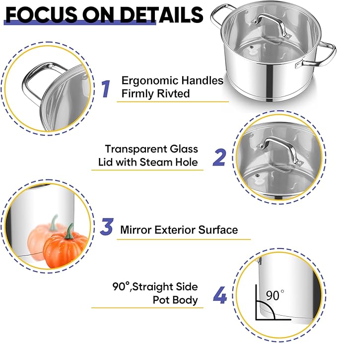 TeamFar 8QT Stock Pot with Lid, Stainless Steel Tri-ply Bottom Cooking Pot for Vegetable Pasta Soup, Works with Induction/Gas/Glass/Ceramic Stoves, Non-toxic & Sturdy, Straight Side & Riveted Handles