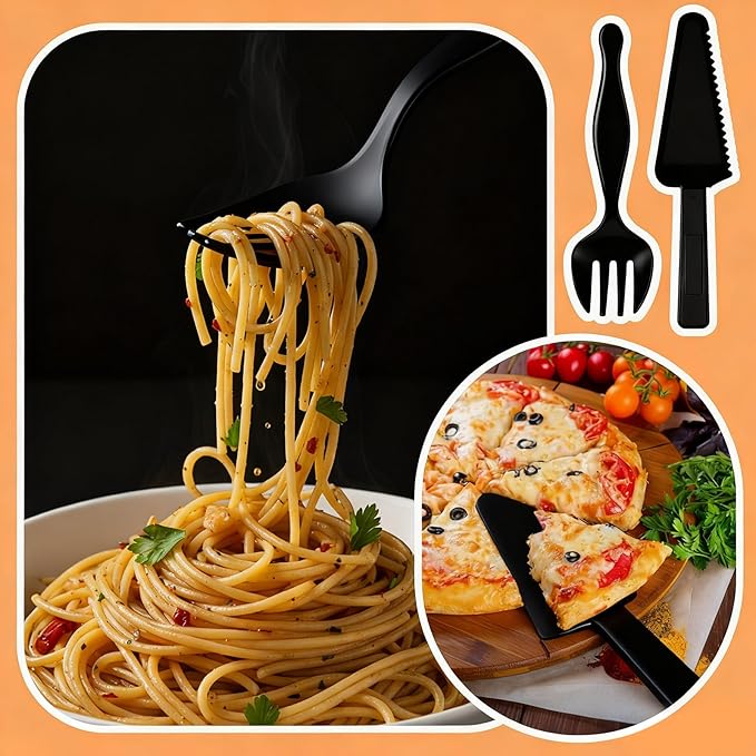 50 Pcs Disposable Plastic Serving Utensils Set Include 8.5'' Serving Spoons Forks 9'' Tongs and Knives for Birthday Party Buffet Dinner Food Salad Utensils Christmas (Black)
