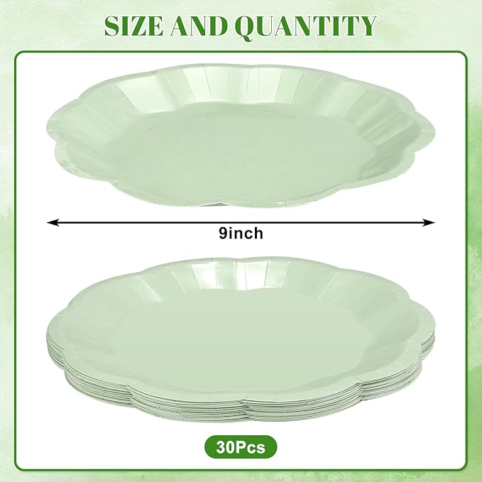 30 Pcs Sage Green Paper Plates, 9 Inch Scalloped Easter Plates Green Dessert Dinner Plate Cute Party Plate Disposable Party Supplies for Wedding, Baby Bridal Shower, Birthday