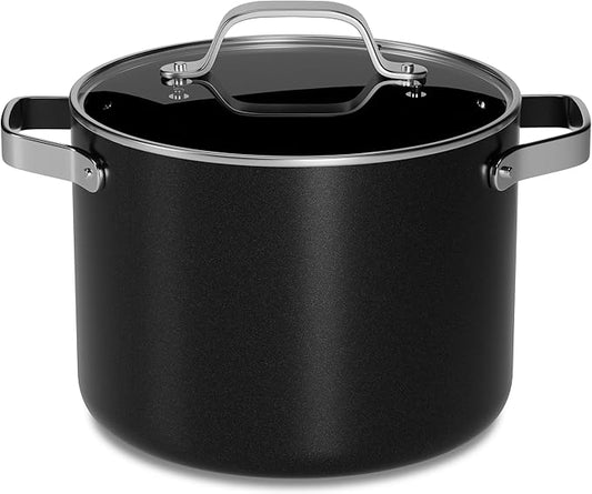 Bakken 8.5 Quart Ceramic Coated Stock Pot with Lid, Easy Clean Nonstick Pot, Tempered Glass Lid, Riveted Stainless Steel Handles, Oven Safe Up To 500°F, PTFE & PFAS Free, All Stove Compatible, Black