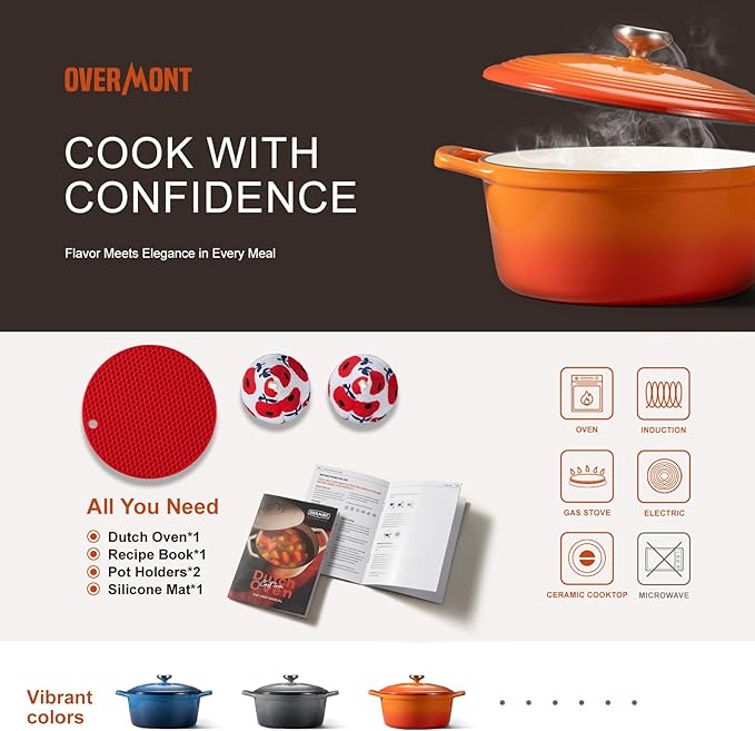 Overmont Enameled Cast Iron Dutch Oven - 5.5QT Pot with Wide Handles Lid Cookbook & Cotton Potholders - Heavy-Duty Pre-Seasoned Cookware Oven Safe to 500°F for Braising, Stews, Roasting, Bread Baking