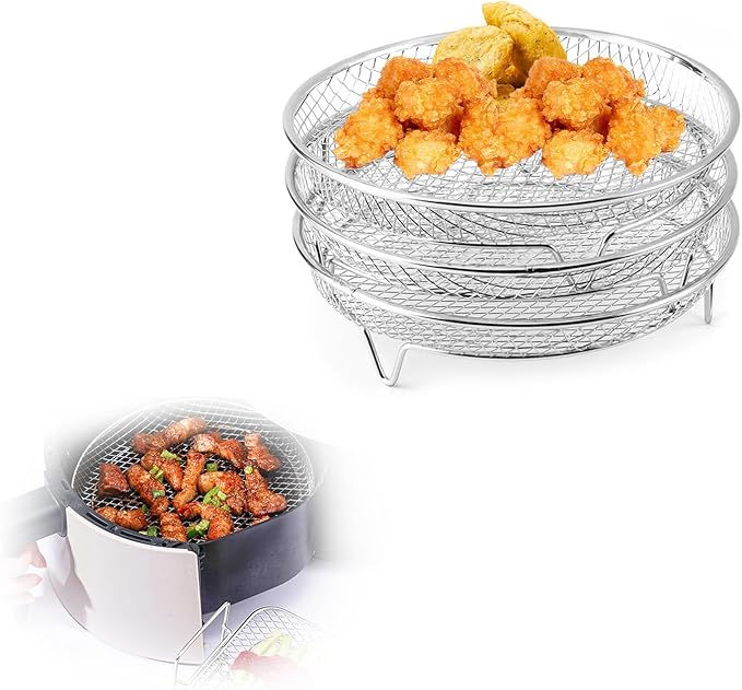 8 Inch Air Fryer Rack, 3 Layers Stainless Steel Air Fryer Basket, Stackable Cooling Racks, Air Fryer Accessories Fit for 4.2-5.8 QT Oven Press Cooker, Round