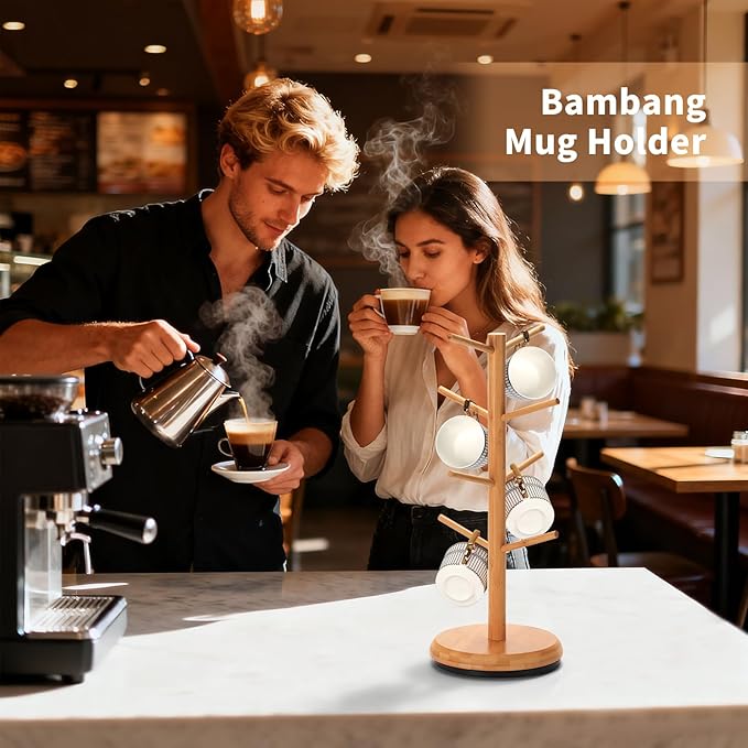 BAMBANG Mug Holder Tree, 360° Rotating 8 Hooks Coffee Cup Holder for Counter Top, Bamboo Coffee Mug Rack Stand for Kitchen Countertop Home, Natural