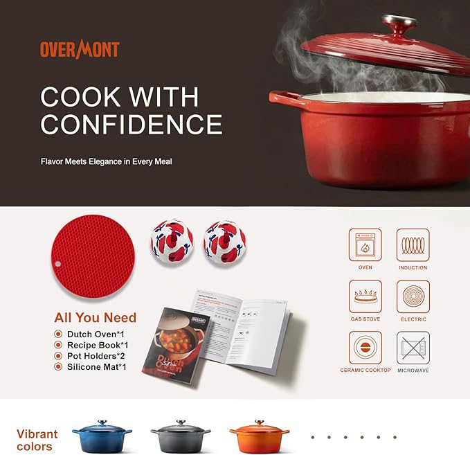 Overmont Enameled Cast Iron Dutch Oven - 5.5QT Pot with Wide Handles Lid Cookbook & Cotton Potholders - Heavy-Duty Pre-Seasoned Cookware Oven Safe to 500°F for Braising, Stews, Roasting, Bread Baking