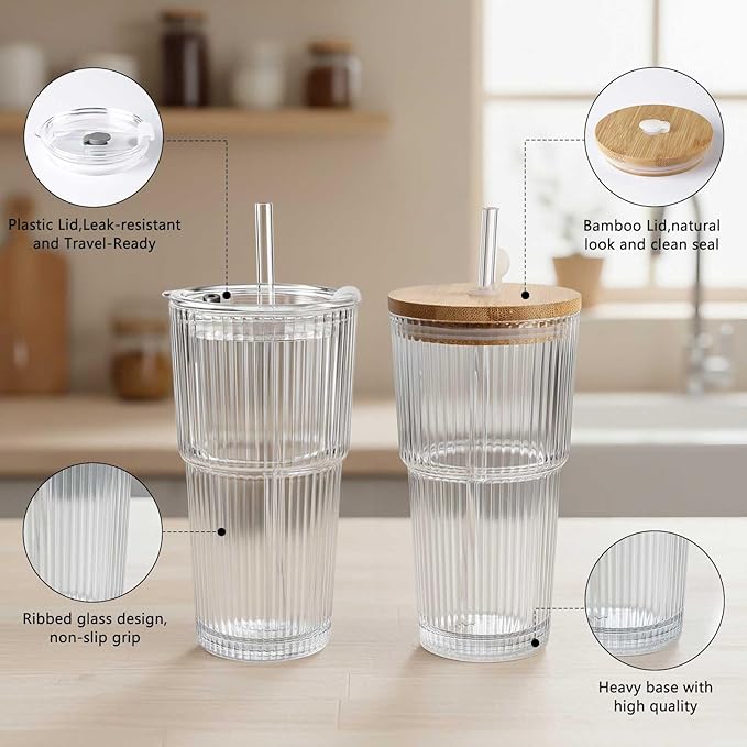 Ruckae 20oz Glass Bottles with Lids,Glass Cups with Lids and Straws,Water Bottle Drinking Glasses for Coffee,Smoothies,Tea,Juice (6, Transparent)