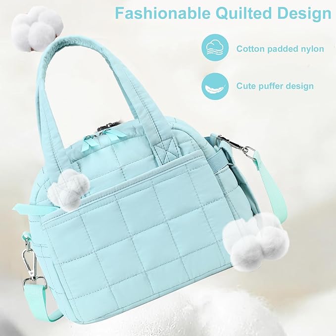 LEDAOU Lunch Box for Women Lunch Bag Quilted Puffer Lunch Box with Adjustable Strap Insulated Reusable LunchBox for Work School Picnic Travel (Sky Blue)