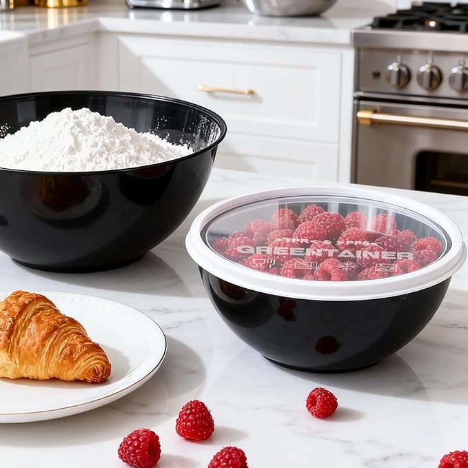 Plastic Mixing Bowls with Lids Set for Kitchen, Nesting Bowls for Mixing, Baking, Prepping, Cooking and Serving Food, Mixing Bowls Dishwasher, Microwave Safe (Black)