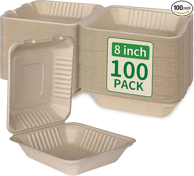 Aricsen Compostable 100 Pack 8 Inch Takeout Lunch Box Containers with Lid To Go Take Out Clamshell for Food, Disposable Eco-Friendly Biodegradable Bagasse, PFAS-Free, Brown