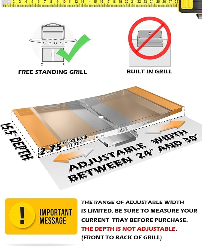 Grease Tray with Catch Pan - Dyna Glo Grill Replacement Parts, Adjustable Stainless Drip Pan for Gas Grill Models from Dyna Glo, Nexgrill, Expert Grill, Kenmore, BHG and More (Width 24"-30")