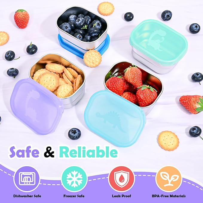 4×8oz Small Stainless Steel Snack Containers for Kids & Toddlers - 230mL Leakproof Food Containers with Cute Dino Lids | LFGB Certified, Stackable Metal Snack Box for Daycare, School, Travel