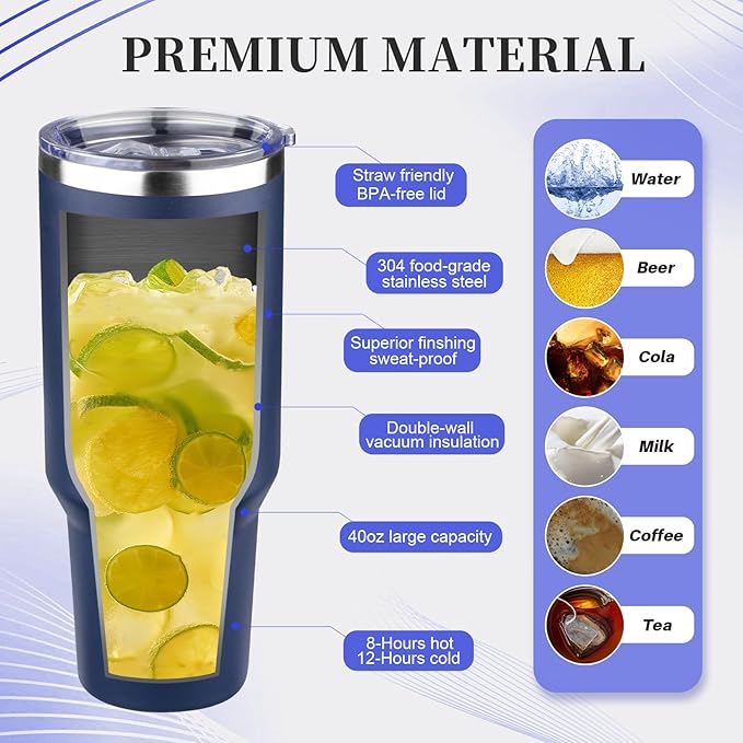 40 oz Tumbler with Lids and Straws Double Wall Vacuum Insulated Tumbler Cup,Stainless Steel Leak-proof Thermal Tumbler Powder Coated Travel Coffee Mug for Cold and Hot Drinks,Navy Blue