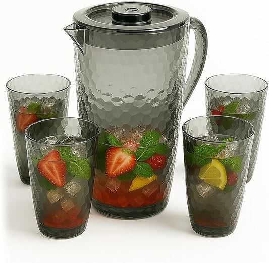 84 oz Crystal-Clear Pitcher with 4 Tumblers Set, BPA-Free Food-Grade Jug with 3-Position Lid & Spout – Large Beverage Pitcher for Party, Iced Tea, Lemonade, Sangria, Fridge-Black