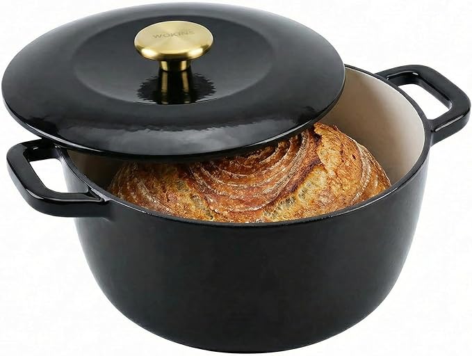 5.5QT Enamel Cast Iron Dutch Oven with Lid,Dual Handles,Versatile Heavy-Duty Non-toxic Cookware for Sourdough Bread Baking,Braising,Stews,Roasting,Oven Safe up to 500°F black