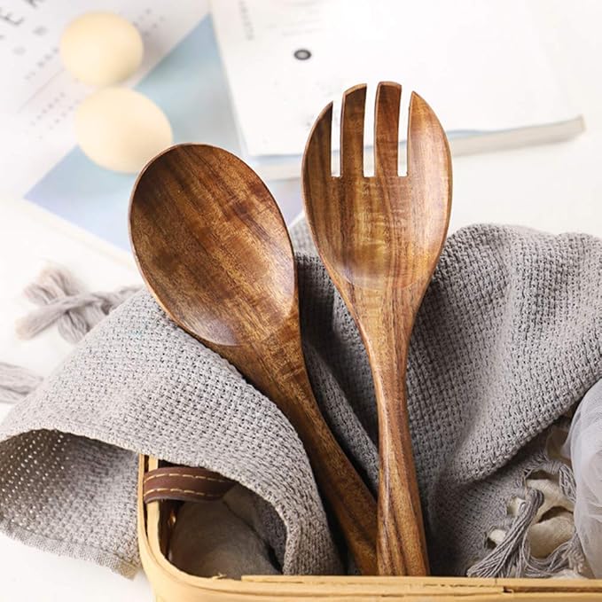 AOOSY Acacia Wood Salad Tongs,10.2 Inch Serving Utensils Set,Salad Fork and Salad Spoon for Serving,Long Handle Salad Server Set Kitchen Cooking Utensil