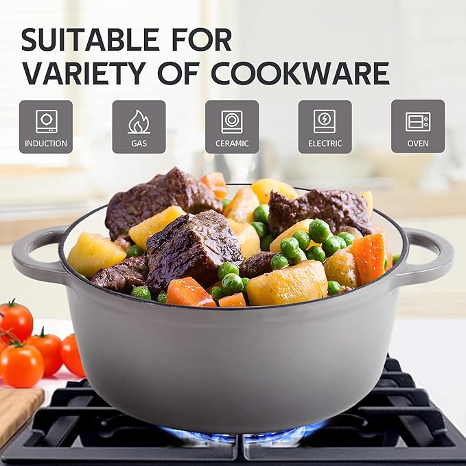 4 Quart Dutch Oven Enameled Cast Iron with Lid - Big Dual Handles - Oven Safe up to 500°F - Classic Round Pot for Versatile Cooking Light Gray