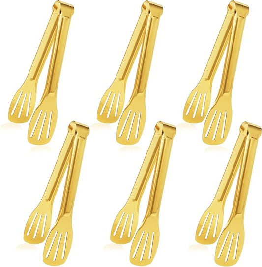 JCREN Serving Tongs 6 Pack Stainless Steel Buffet Tongs Kitchen Tongs, Small Tongs Gold Tongs Serving Utensils for Party Catering, Gold,7 Inch
