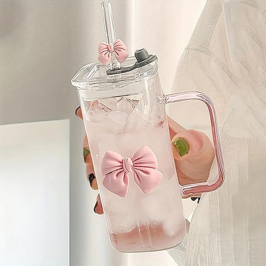 13Oz Square Glass Cups with Lids and Straws，Heat Resistant Glass Tumbler with Handle Bow Knot Transparent Drinking Glasses for Water,Juice,Iced Coffee,Milk,Tea (pink)