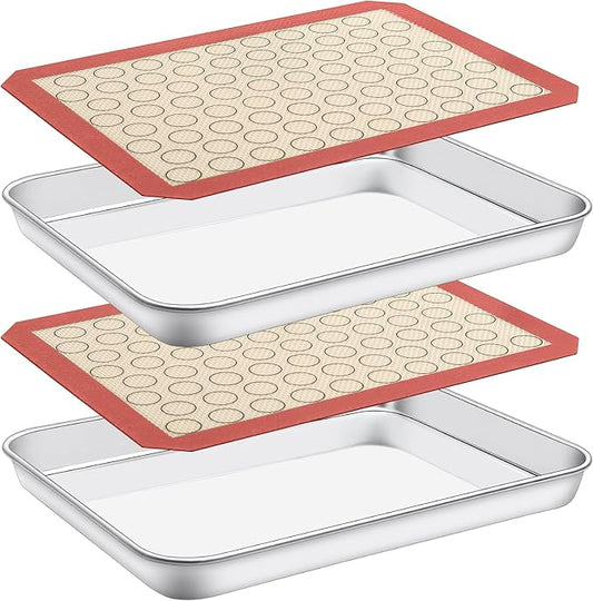 Baking Sheet with Silicone Mat Set of 4 [2 Sheets + 2 Mats], Deedro Stainless Steel Cookie Sheet Baking Pan with Silicone Baking Mat, 10 x 8 x 1 Inch, Non Toxic, Heavy Duty, Easy Clean