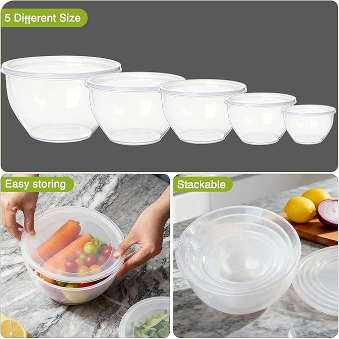 Plastic Mixing Bowls with Lids Set for Kitchen, Nesting Bowls for Mixing, Baking, Prepping, Cooking and Serving Food, Mixing Bowls Dishwasher, Microwave Safe (Clear)