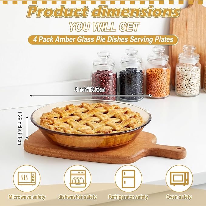 4 Pack Glass Pie Pan 8 Inch Round Baking Dishes Amber Glass Pie Dishes Serving Plates for Snacks, Salads, Desserts, Quiche, Tart, Oven and Dishwasher Safe, Heat Resistant