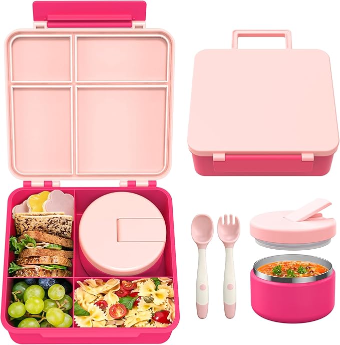 Bento Lunch Box Kids with 8oz Soup Thermo, Leak-Proof Lunch Containers with 4 Compartment, Thermo Hot Food Jar and Insulated Lunch Box for School Pink