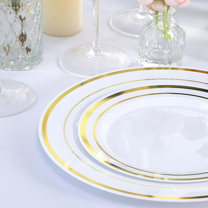 Moretoes 100PCS Gold Plastic Plates Disposable,Party Plates White Gold Rim, 10.25inch Dinner Plates and 7.5inch Dessert Salad Plates Heavy Duty Plates for Wedding Party and Birthday