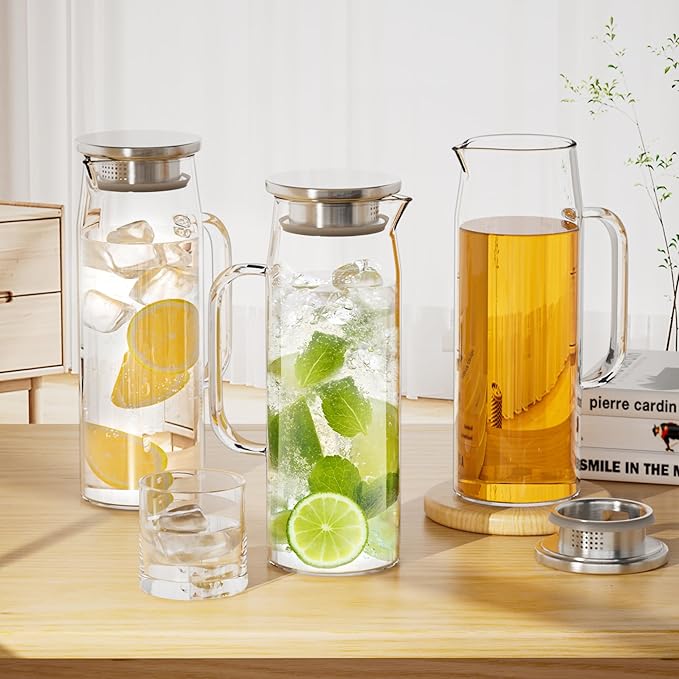 3 Sets Glass Pitcher with Lid, 50 oz / 1500 ml Water Carafe with Handles Hot Cold Beverage Water Jar Glass Jug (Stainless steel lid)