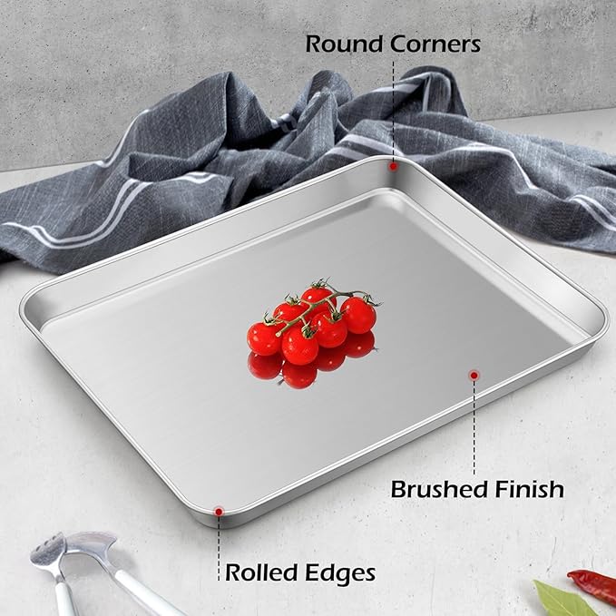 Stainless Steel Baking Sheets Set of 2, Leonyo Quarter 9IN x 13IN Stainless Steel Cookie Sheets for Baking, 1IN Deep Metal Toaster Oven Pan Tray for Oven, Dishwasher Safe