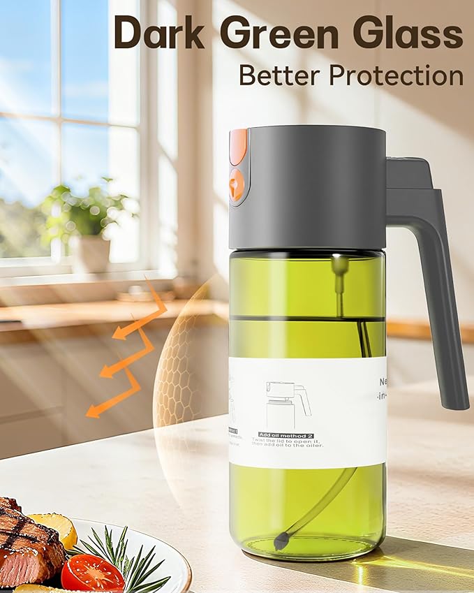 Upgrade 2 in 1 Oil Sprayer for Cooking, 17oz Light-Blocking Glass Olive Oil Dispenser Bottle for Kitchen,Food-Grade Oil Mister with 8 Stickers for Salad, Frying (Green Bottle-Grey Gap)