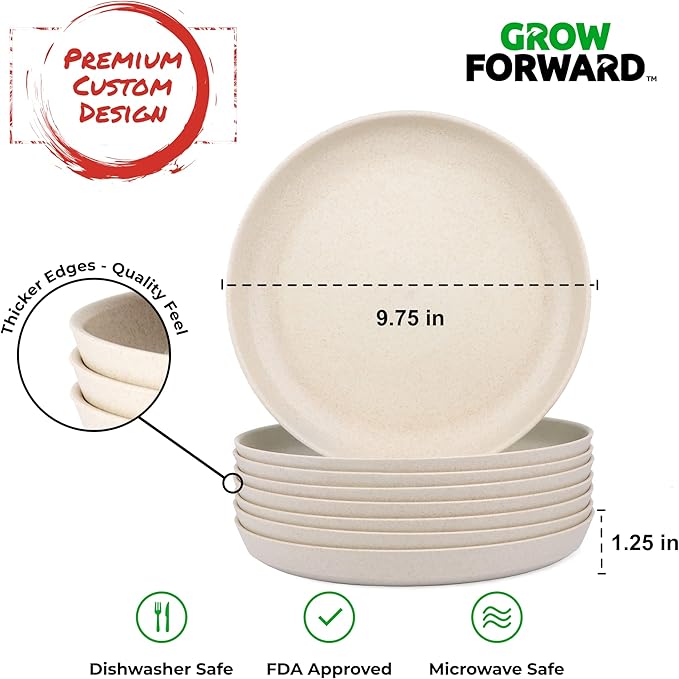 Grow Forward Premium Wheat Straw Plates - 10 Inch Reusable Hard Plastic Dinner Plates Set of 8 - Unbreakable & Microwave Safe Dishes for Dessert, Camping, RV, Outdoors, Patio, Kitchen - Sahara