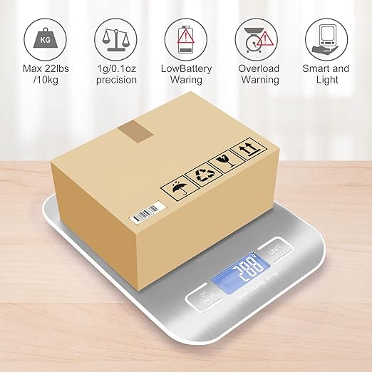 Digital Shipping Scale,Stainless Steel Panel, Accurate Portable Postal Scale for Packages, Small Business,Kitchen, Food, Handmade, Liquids, and Boutique (Silver Rechargeable(10kg/1g))