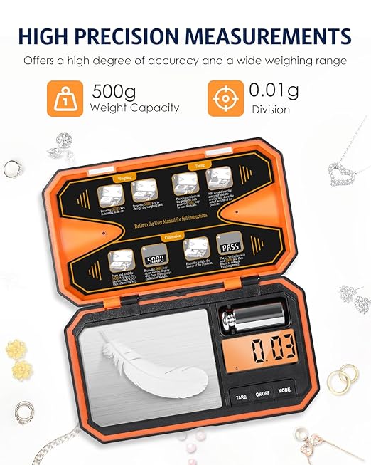 Digital Pocket Scale, High-Precision 500g x 0.01g Gram Scale with 50g Calibration Weight, Mini 6 Units Jewelry Scale with LCD Display, Tare Function for Food, Jewelry, Coin, Coffee, Battery Included
