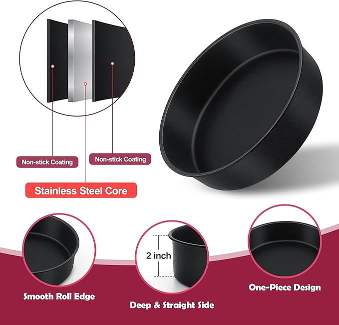 E-far 8 Inch Cake Pan Set of 3, Nonstick Round Baking Layer Cake Pans, Stainless Steel Core & Non-Toxic Coating, 2 Inch Deep (Black)