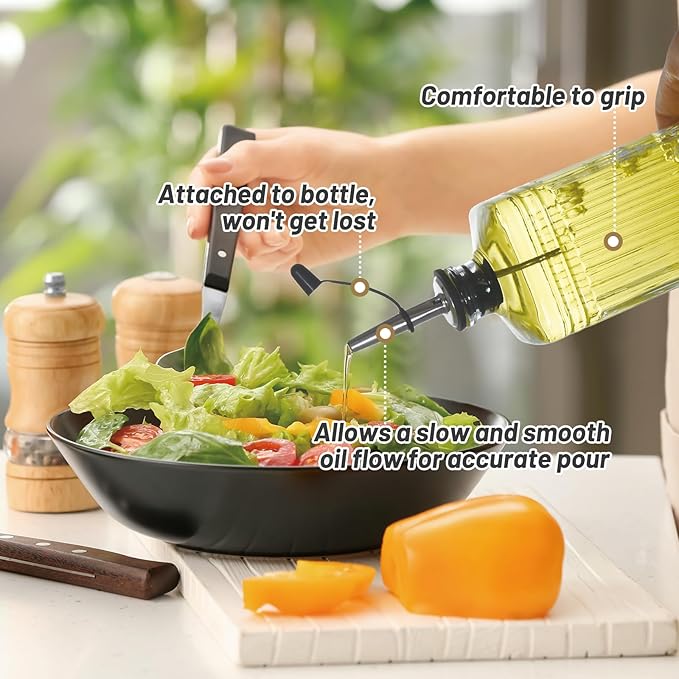 1-Pack Glass Olive Oil Dispenser 500ML/17OZ, Rectangular Vinegar Bottle with Stainless Steel Pourer, Brush, Funnel, Label (Ribbed)
