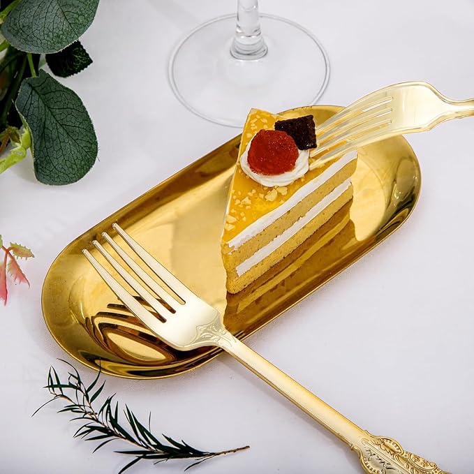 WDF 100 Piece Gold Forks Disposable - 7.48 Inch Gold Plastic Forks - Baroque Plastic Silverware for Dessert Cake - Heavy Duty for Party Wedding Daily Using Baby Shower Spring