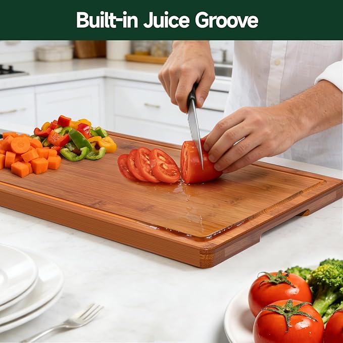 4-Piece Set Bamboo Cutting Board for Kitchen - Crack-Resistant Wood Chopping Boards with Deep Juice Grooves, Pre-Oiled Butcher Block for Meat, Vegetables & Cheese, Carbonized