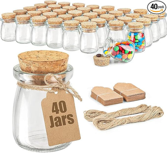 40 Pack Glass Favor Jars with Cork Lid, 3.4 oz Small Glass Bottles for Wedding Favor, Baby Shower, Party Favor, Gift Jars for Candy, Bonus Twine and Labels