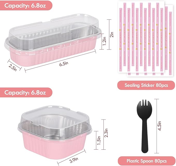 Mini Loaf Pans with Lids for Baking Bread Disposable, 50Pcs 6.8oz Mini Cake Pans with Lids and Spoons Pink Sticker & 30Pcs 10oz Square Aluminum Pans Kit, Dessert Foil Baking Cupcake Tins