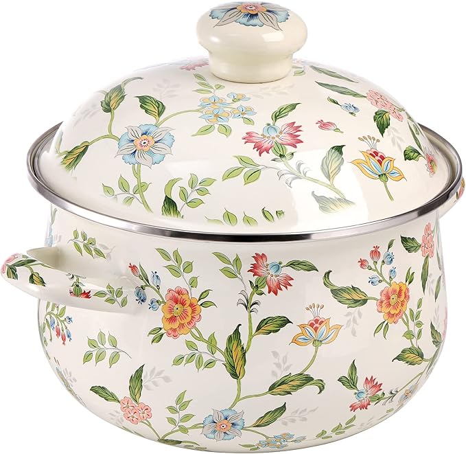 Jucoan 2.8 Quart Vintage Enamel Cooking Pot with Lid, Green Floral Enamelware Simmer Pot Saucepan with Dual Handles for Gas Electric Stovetop, Soup Bowl Gift for Housewarming Wedding Bridal Shower