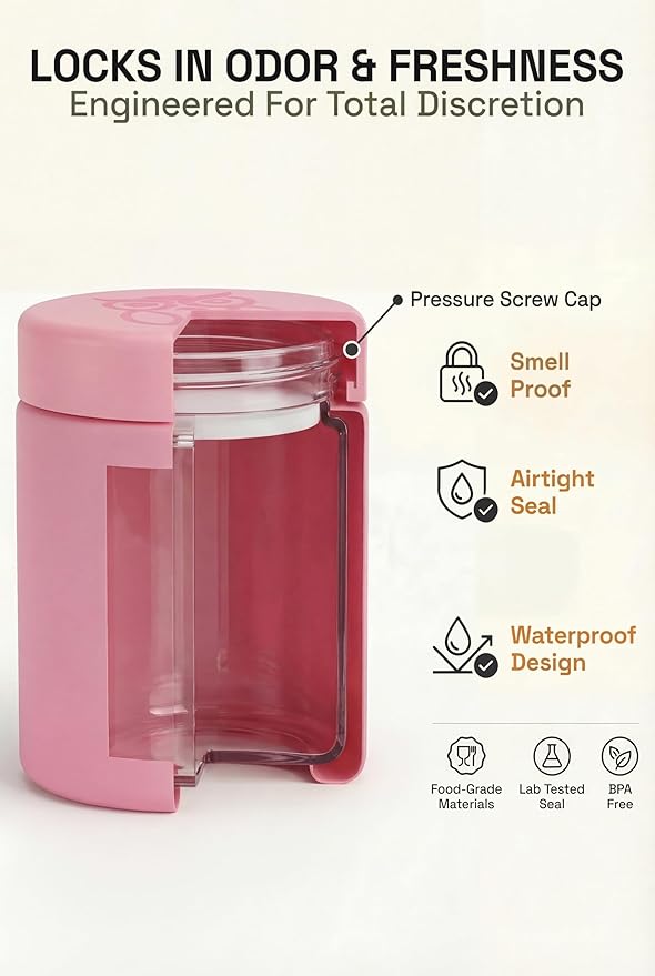 Treehouse Smell Proof Containers (120mL), Jars with Airtight Lids for Herbs, Spices, Coffee and Tea, Air Tight Glass Storage Jars with UV Protection Glass, (Set of 4) (Matte Pink)