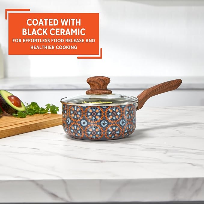 IMUSA 1.5 Quarts Talavera Nonstick Saucepan with Lid, Wood Look and Soft Touch Handle, Ceramic Coated