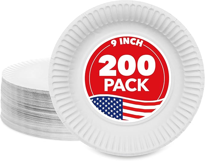 Stock Your Home 9-Inch Paper Plates Uncoated, Everyday Disposable Plates 9" Paper Plate Bulk, White, 200 Count