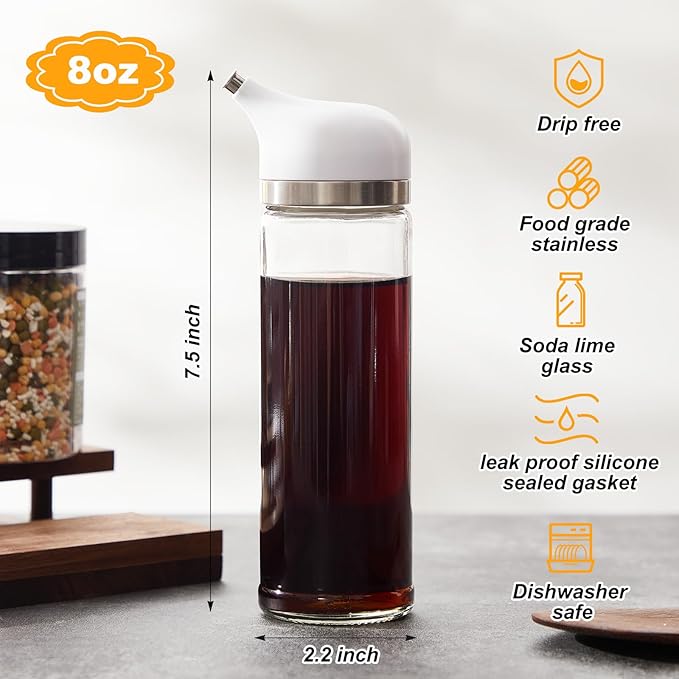 2 Pcs Cruet Dispenser Set 8 oz, White Glass Soy Sauce Dispenser, Small Olive Oil and Vinegar Bottles, Soy Sauce Bottle, Non Drip Spout Cruet Bottle Container for Kitchen Cooking