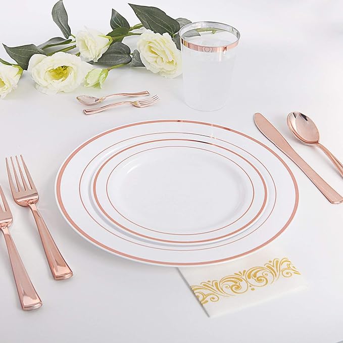WDF 300 Pieces Rose Gold Plastic Silverware- Disposable Flatware Set - Heavy Duty Plastic Cutlery Includes 100 Forks, 100 Spoons, 100 Knives Perfect for Wedding, Party,Birthday