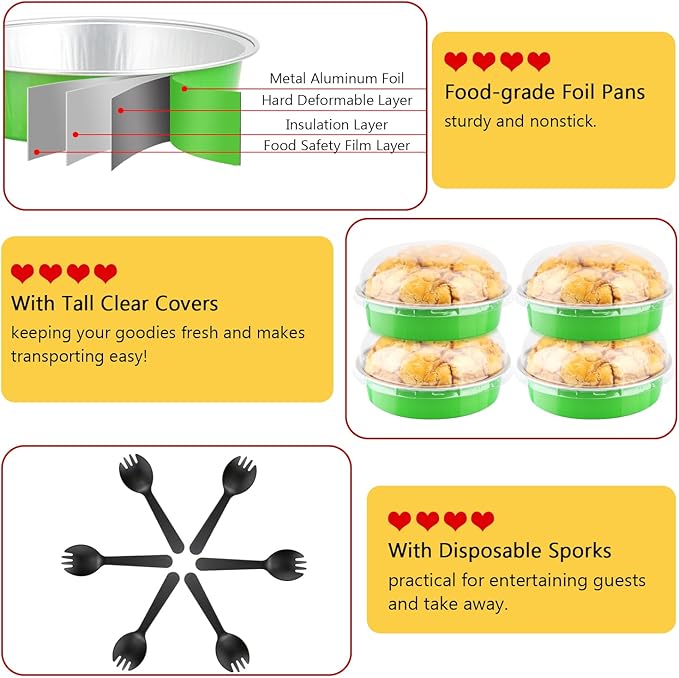 LNYZQUS 8oz Mini Cake Pans with Dome Lids 50 Pack, 4” Aluminum Pans Small Pie Tins Ramekins,Disposable Small Tart Baking Cups Individual Cake Tins Creme Brulee Contaniers-Green