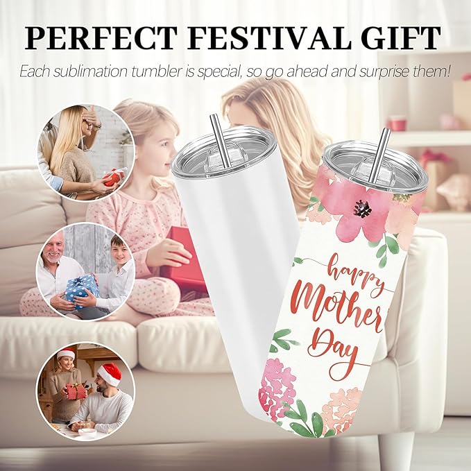 Joyclub 25 Pack Sublimation Tumblers 20 oz Sublimation Blanks Skinny Straight Flat Edge Tumbler Bulk with Lid and Straw White Cups for Heat Press