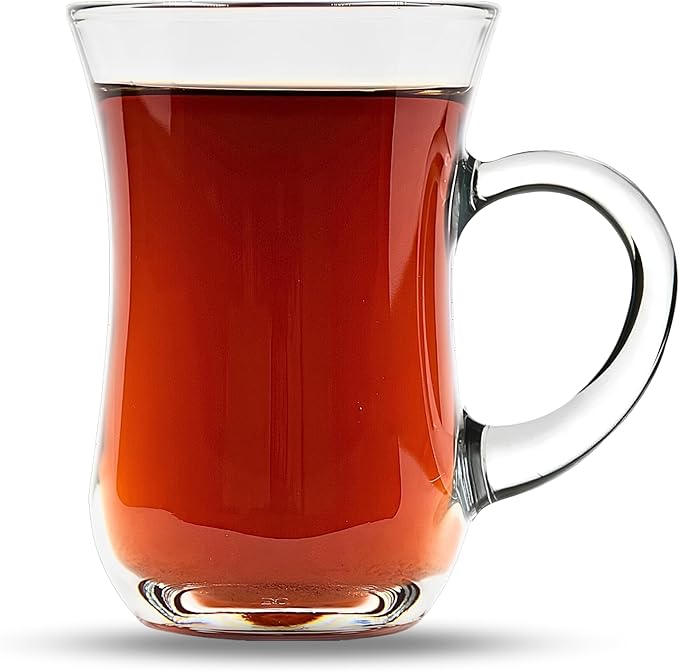 Turkish Tea Glasses With Handle - 6 pcs Tea Cups, Slim Waist Design and Thick Sole Prevent the Tea From Getting Cold, Capacity 145cc, 4 3/4 Oz, 2.5" x 4H