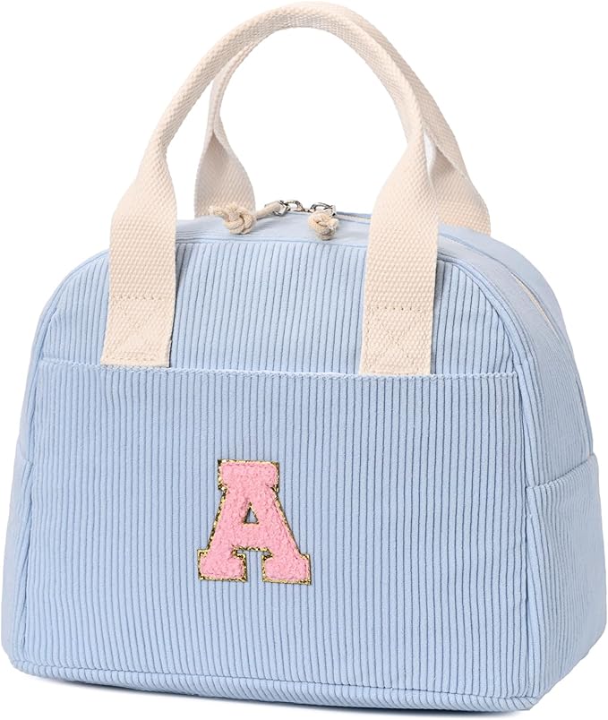 Insulated Cloud Blue Lunch Bag for Women, Stylish Corduroy Tote with Aluminum Lining, Large Capacity Reusable Cooler for Work, Travel, or Beach (Cloud Blue, A)
