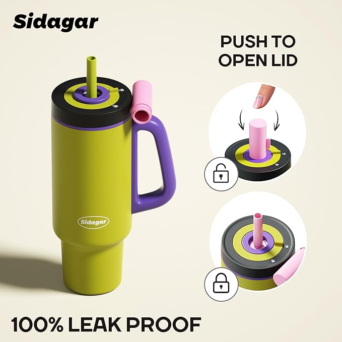 Tumbler with Handle,36 oz Ceramic Lined Travel Mug Water Bottle with Straw,Vacuum Insulated Stainless Steel Cup with Lid,Fits Cup Holder, Leak Resistant Press-in Lid,Green